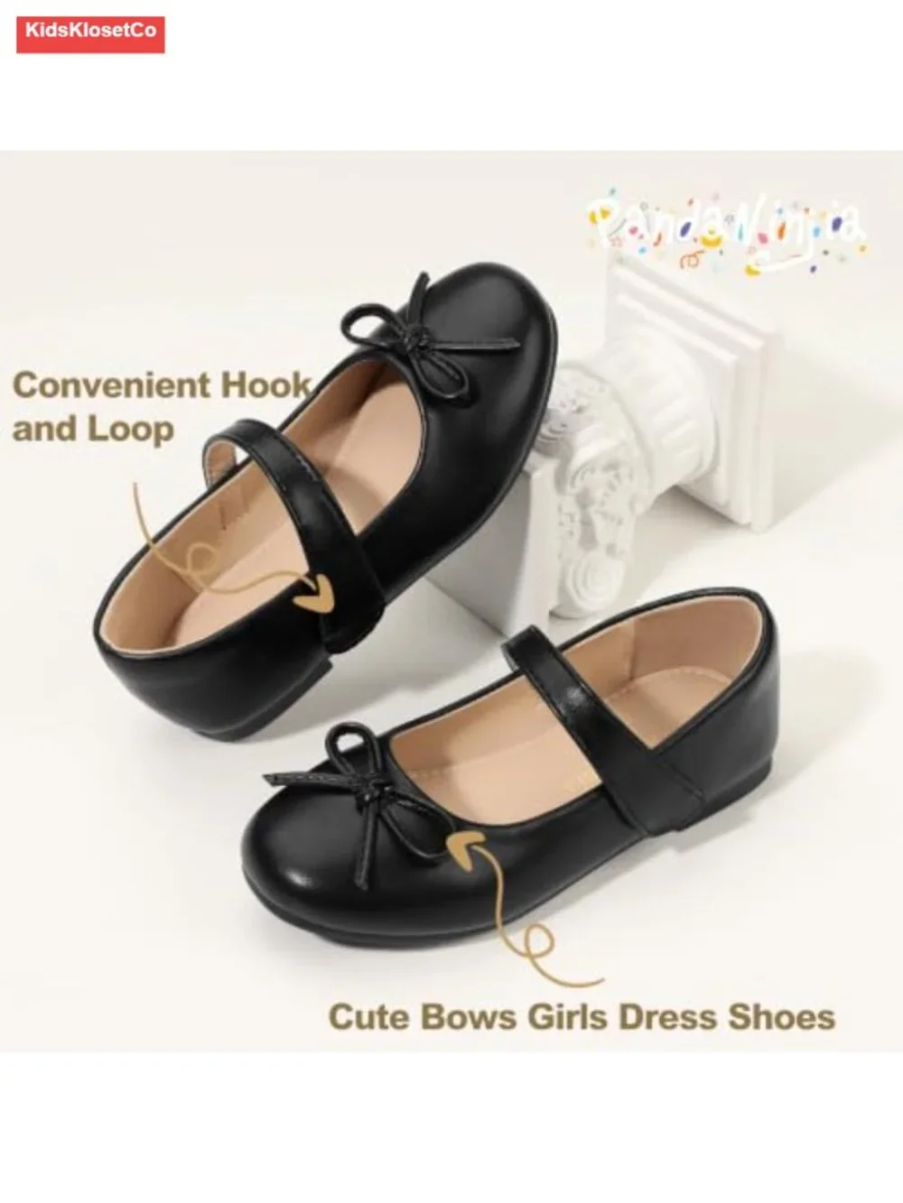 Girls Mary Jane Ballet Flats with Square Toe, Hook & Loop, Non-Slip Sole